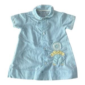 VTG Baby Girl Gingham Dress w/Applique Blue White Buttons Lace Collar 80s 90s